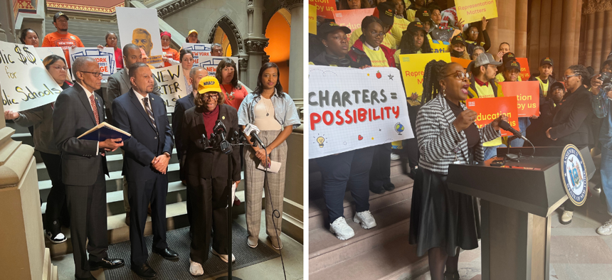 Two rallies with very different views on charter schools took place in the Capitol Tuesday. Left, state NAACP President Hazel Dukes speaks out against adding more charters, and right, Democratic Assembly Member Stefani Zinerman calls for more charter school options.