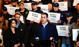 Caption Anthony Villa speaks in support of the Belmont Park modernization project during a rally in Albany on March 13, 2023.