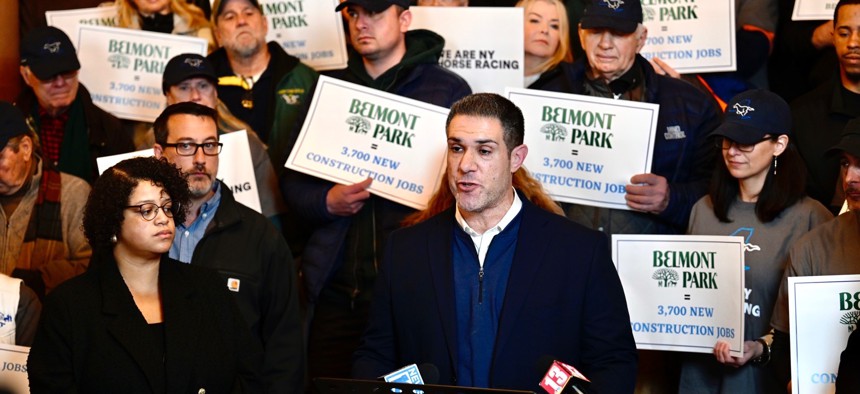 Caption Anthony Villa speaks in support of the Belmont Park modernization project during a rally in Albany on March 13, 2023.