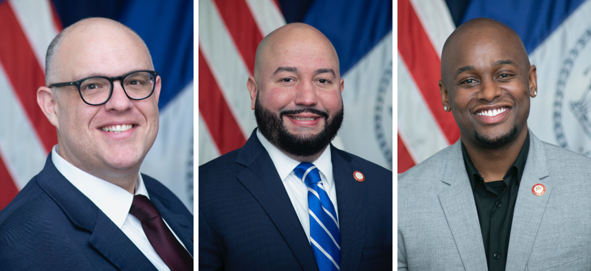 New York City Council Members Justin Brannan, Rafael Salamanca Jr. and Kevin Riley