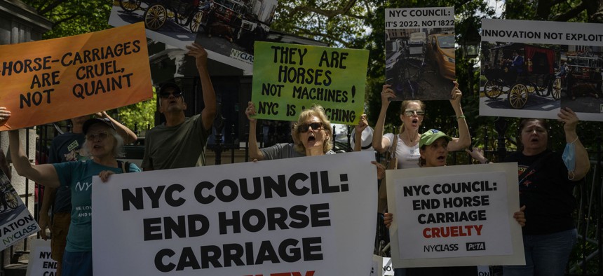Activists from New Yorkers for Clean, Livable and Safe Streets and PETA demanding to ban the practice of horse drawn carriages