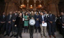 State Sen. Michelle Hinchey speaks at a press conference for free school lunches.