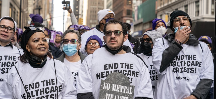 Hundreds of 1199SEIU health care workers staged a rally and march to Governor office.
