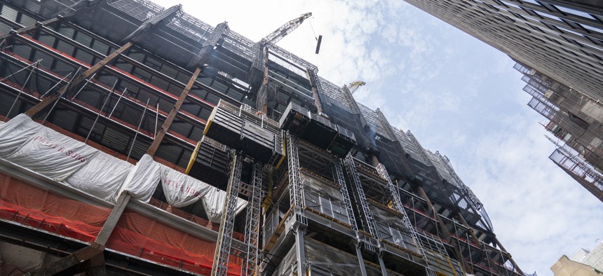 The construction of the 60-story JP Morgan Chase corporate offices in New York City.