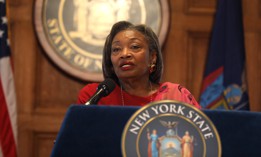 State Senate Majority Leader Andrea Stewart-Cousins speaks at a press conference..