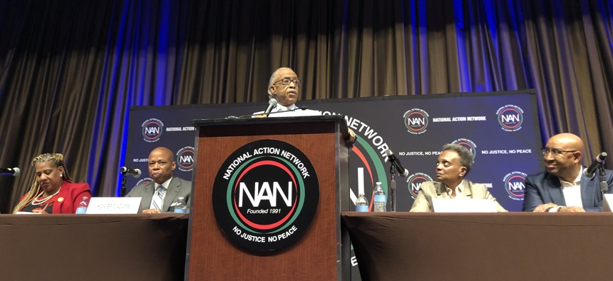 Mount Vernon Mayor Shawyn Patterson-Howard, New York City Mayor Eric Adams, the Rev. Al Sharpton, Chicago Mayor Lori Lightfoot and former Philadelphia Mayor Michael Nutter, at the NAN convention on Thursday, April 13. 