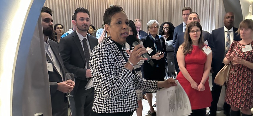 New York City Council Speaker Adrienne Adams speaks to the crowd at the “Nonprofit Thought Leader Reception” hosted by City & State and government relations firm Kasirer. 