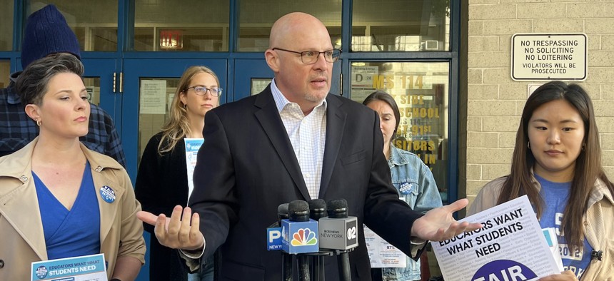 UFT President Michael Mulgrew speaks during a rally for a fair union contract on April 24, 2023.