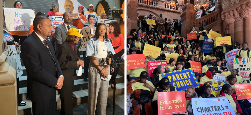 Dueling rallies in the state Capitol on March 28 underscored divisions within the Democratic conferences on the issue.