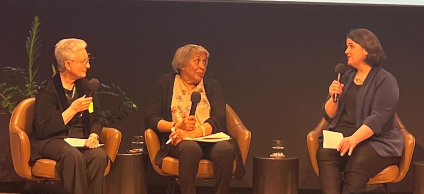 Lilliam Barrios-Paoli, senior advisor to the president at Hunter College (far left) moderates a discussion with Merble Reagon, former executive director for the Women’s Center for Education and Career Advancement (center) and Lisa Manzer, director of the Center for Women’s Welfare at the Univesity of Washington School of Social Work on the release of the 2023 NYC True Cost of Living Report at the Ford Foundation Tuesday