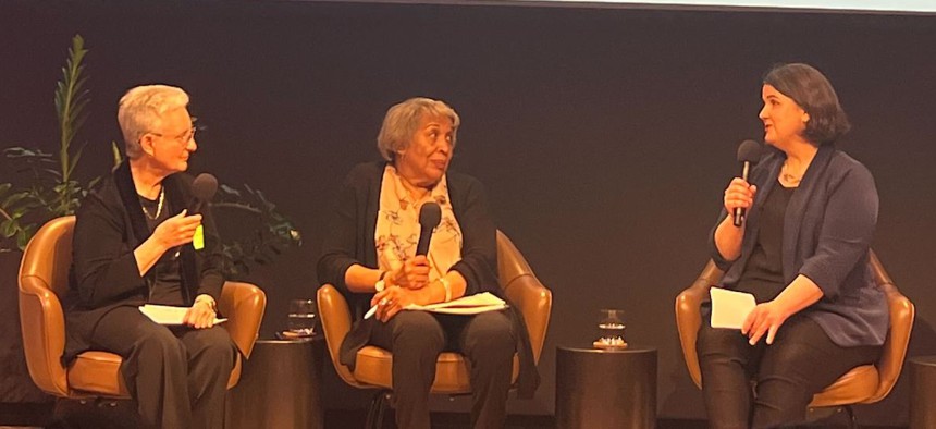 Lilliam Barrios-Paoli, senior advisor to the president at Hunter College (far left) moderates a discussion with Merble Reagon, former executive director for the Women’s Center for Education and Career Advancement (center) and Lisa Manzer, director of the Center for Women’s Welfare at the Univesity of Washington School of Social Work on the release of the 2023 NYC True Cost of Living Report at the Ford Foundation Tuesday