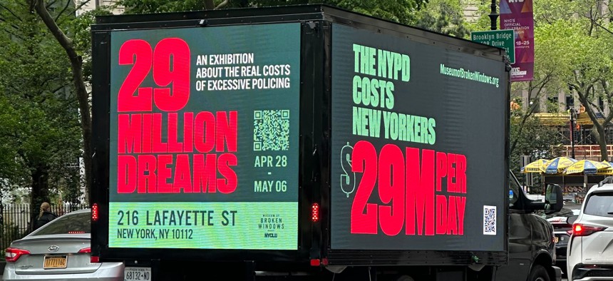 The “29 Million Dreams” truck driving around City Hall on Thursday.