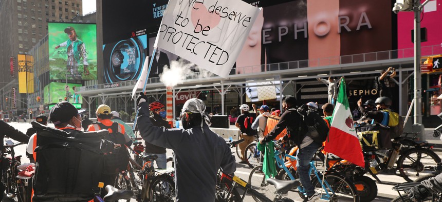 Hundreds of delivery workers protest a surge in the thefts of their bicycles on October 15, 2020 in New York City.