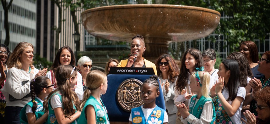 Former New York City First Lady Chirlane McCray announces She Built NYC in Bryant Park on June 20, 2018, an art program delayed by COVID-19 and now pushed back even more by the Adams administration.