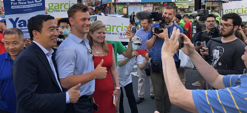 New York City mayoral candidates Andrew Yang and Kathryn Garcia campaign together on June 21, 2021. The NYCCFB wants to move mayoral elections to even-numbered years.