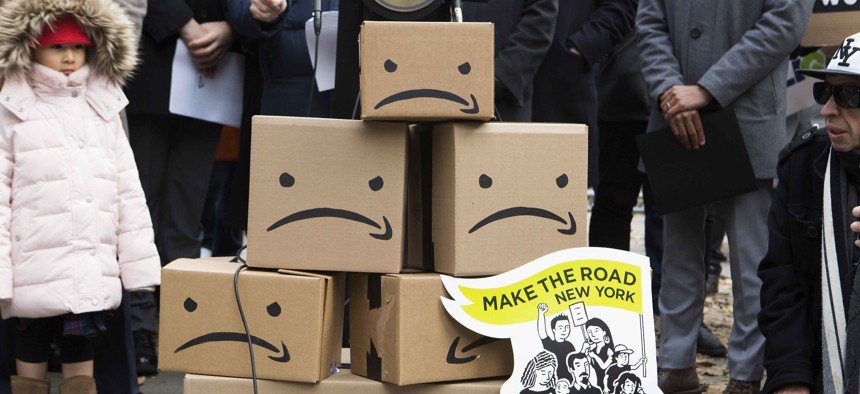 Prop boxes at an anti-Amazon protest in 2018.
