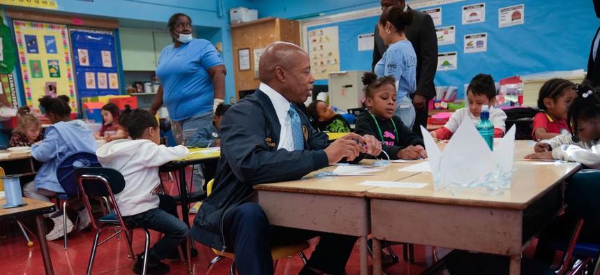 Mayor Eric Adams visits United Activities Unlimited after school program at PS 18 on Staten Island in March 2023.