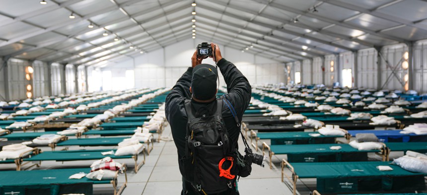 Housing facilities for asylum seekers on Randall's Island on Tuesday, October 18, 2022. The temporary shelter has since been closed.