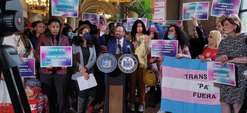 Assembly Member Harry Bronson, sponsor of the Transgender Safe Haven bill, spoke with trans and LGBTQ+ activists in Albany to advocate for the legislation.