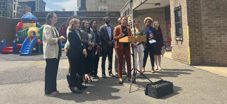 New York City Council Speaker Adrienne Adams and advocates announce a plan for strengthening early childhood education Tuesday in the Lower East side