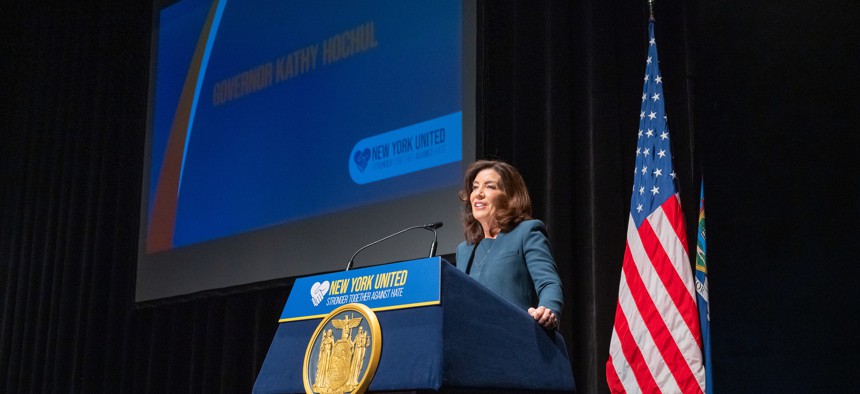 Gov. Kathy Hochul delivers remarks at the Unity Summit to address hate crimes and violence.