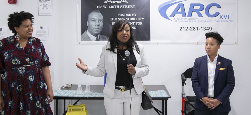 City Council Member Darlene Mealy, with Council Members Kristin Richardson Jordan, left, and Crystal Hudson, right