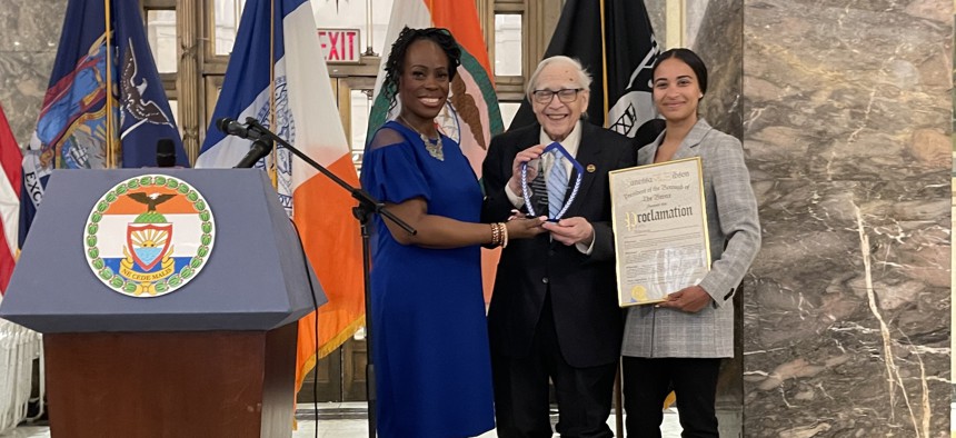 Lloyd Ultan accepts a proclamation designating him Bronx Historian Emeritus on May 5, 2023 at Bronx Borough Hall