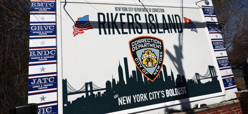 The welcome sign at Rikers Island in on March 7. 2023.