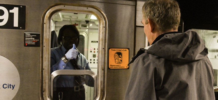 Metropolitan Transportation Authority Chair & CEO Janno Lieber gets a thumbs up from a New York City subway conductor during a visit to the 14 Street-Union Square Station on  April 28, 2023.