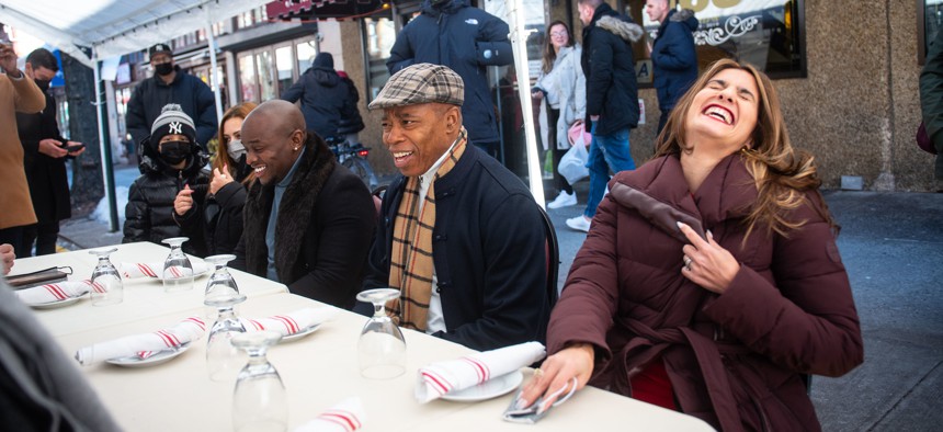 Mayor Eric Adams dines with City Council Members, including Marjorie Velázquez, outdoors at Mario's in the Bronx to Feb. 6, 2022.