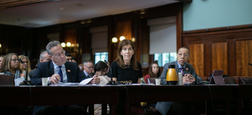 New York Public Library President Tony Marx, Brooklyn Public Library President Linda Johnson and Queens Public Library President Dennis Walcott testify during a City Council hearing on library funding, on May 18, 2023.