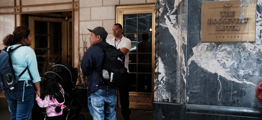 Midtown Manhattan’s Roosevelt Hotel, which closed three years ago, as it was being prepped to reopen to accommodate an anticipated influx of asylum-seekers into New York City on May 15, 2023.