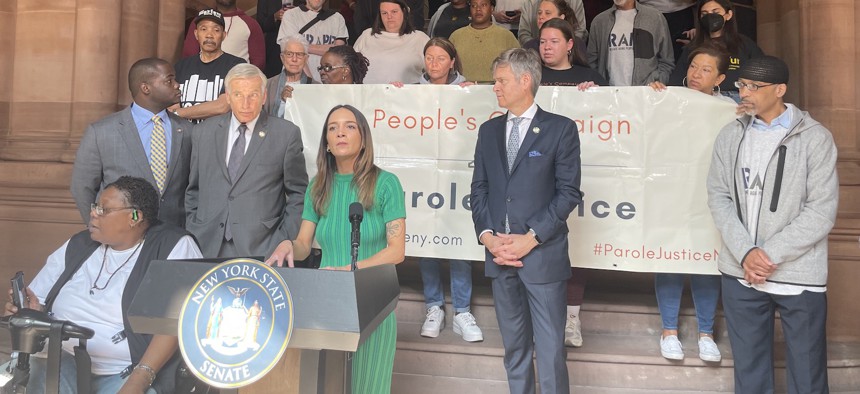 State Sen. Julia Salazar speaking at an Albany rally/Release Aging People in Prison Campaign