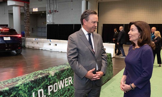 Governor Kathy Hochul with Justin E. Driscoll, Interim President and CEO NYPA at the Electric Vehicle test track at the 2022 New York Auto Show.