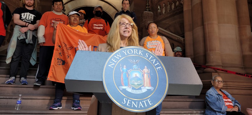 Assembly Housing Chair Linda Rosenthal speaking at a rally for "good cause" eviction in the Capitol. 