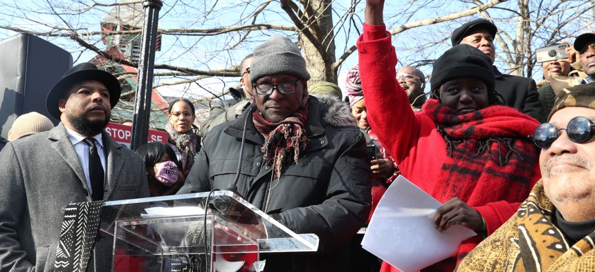 Manhattan Democratic Party leader Keith Wright spoke at the unveiling of the “Gate of the Exonerated” to honor the Central Park Five, of which Yusef Salaam is a member.