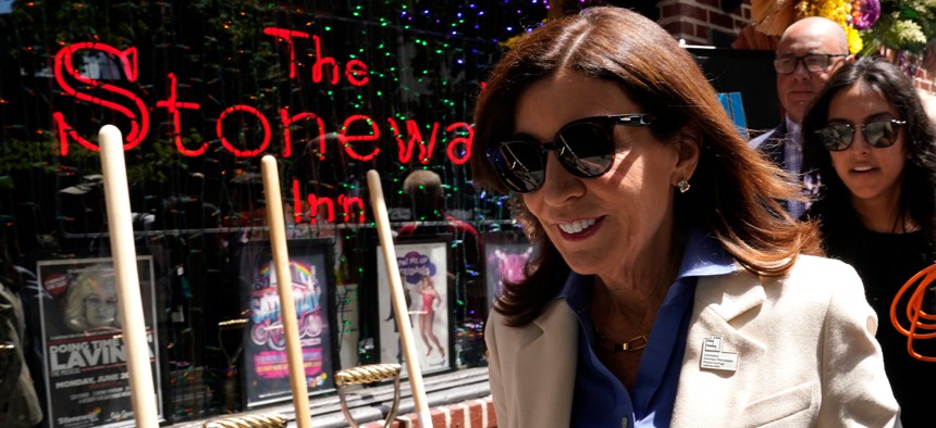 Gov. Kathy Hochul in front of the Stonewall Inn