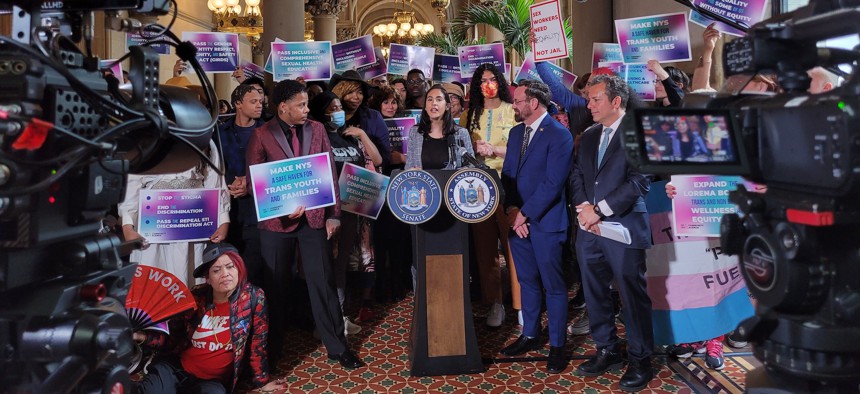 Elisa Crespo, executive director of the New Pride Agenda, speaks at a rally in the state Capitol on April 25, 2023.