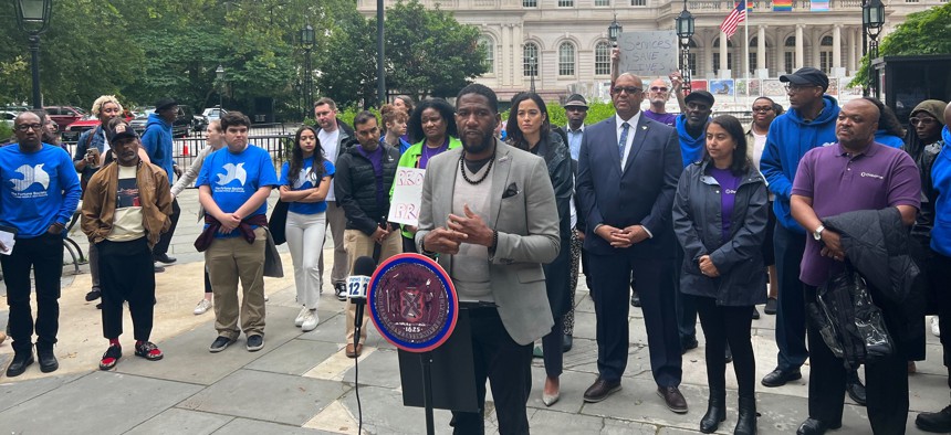 New York City Public Advocate Jumaane Williams speaks outside City Hall on June 22, 2023.