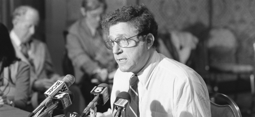Richard Ravitch, then chairman of the Metropolitan Transportation Authority, speaks to the press about ongoing union negotiations on March 29, 1980.