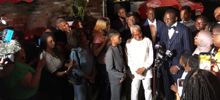 Yusef Salaam speaks at the Harlem Tavern after declaring victory in the Democratic primary election for City Council District 9.