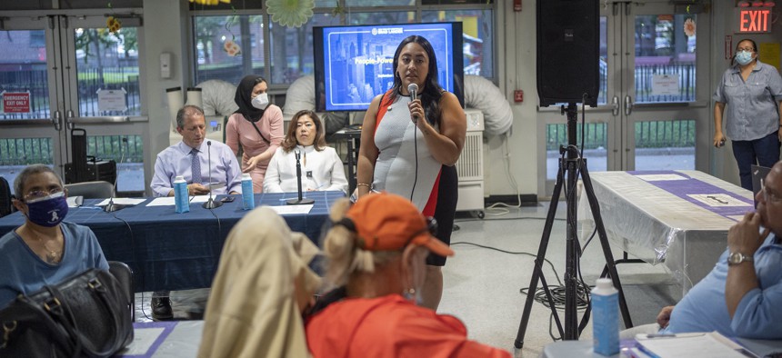 New York City Council Member Amanda Farías speaks during a NYCHA Accountability roundtable at the Bronx River Houses on September 14, 2022.