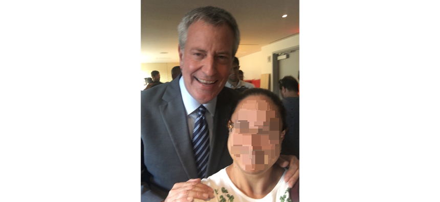 Bill de Blasio photographed at a Queens library event in 2019 with Flora. 