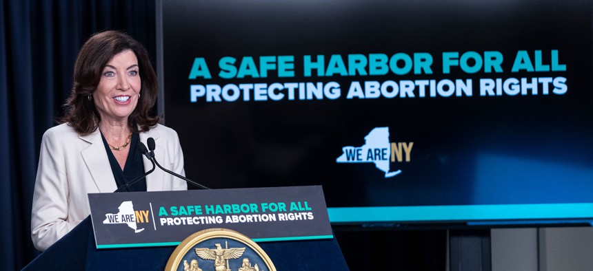 Governor Kathy Hochul holds media availability press conference and makes an announcement on abortion rights on July 12, 2022.