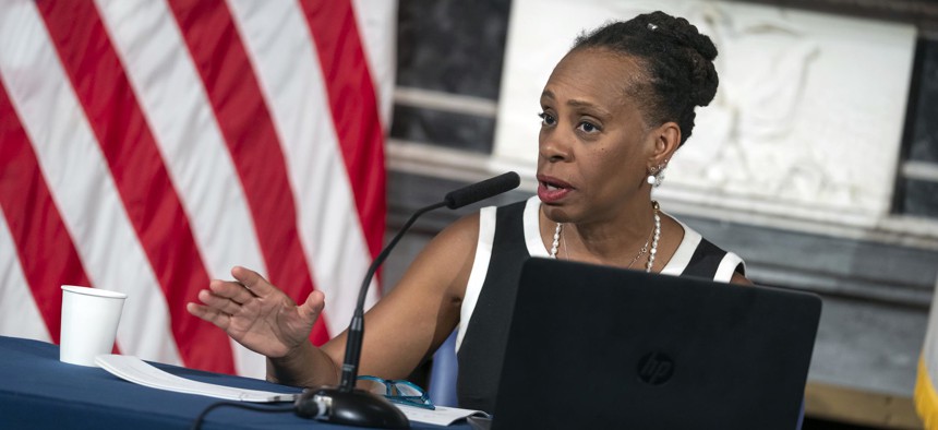 Deputy Mayor for Health and Human Services Anne Williams-Isom spoke with reporters in the Blue Room at City Hall.