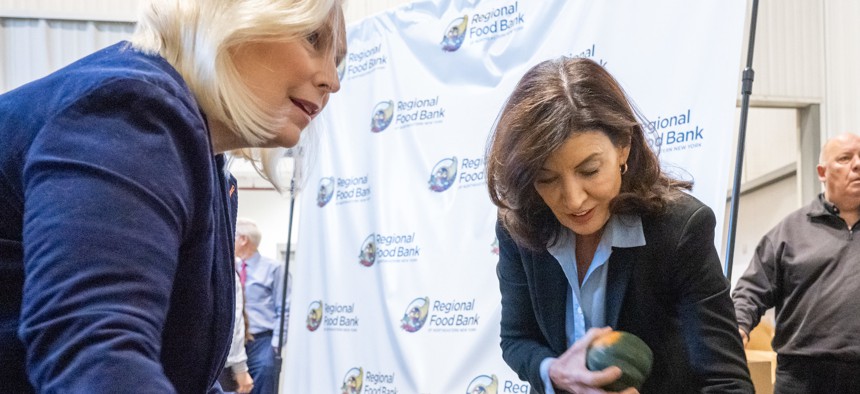 Sen. Kirsten Gillibrand, left, and Gov. Kathy Hochul are two leaders in a statewide coordinated effort among Democrats.