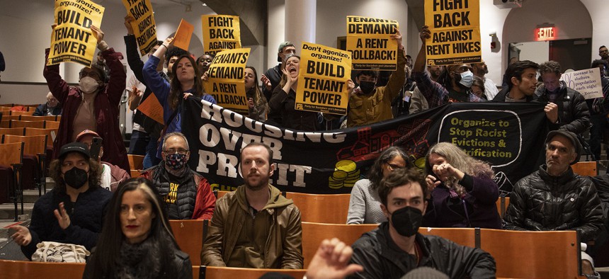 Tenants and housing rights activists disrupt a meeting of the New York City rent board to demand a 0% increase in rent for city rent stabilized apartments on May 2, 2023 at Cooper Union in New York City, New York.