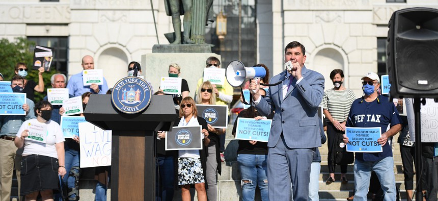 State Sen. John Mannion speaks at rally for people with developmental disabilities in West Capitol Park in Albany, N.Y., on Sept. 14, 2021.