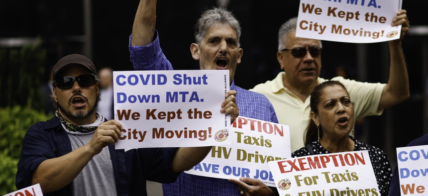 Taxicab drivers protested outside MTA headquarters to advocate for a congestion pricing toll exemption.