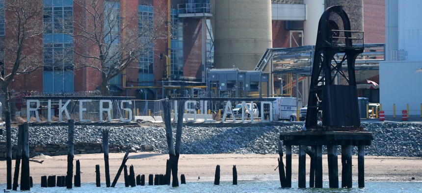 The Rikers Island jail complex as photographed from the East River, March 9, 2023